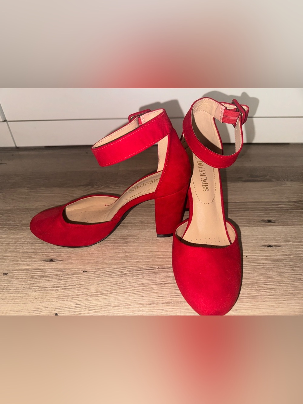 Red Suede Block Heels with Ankle Strap